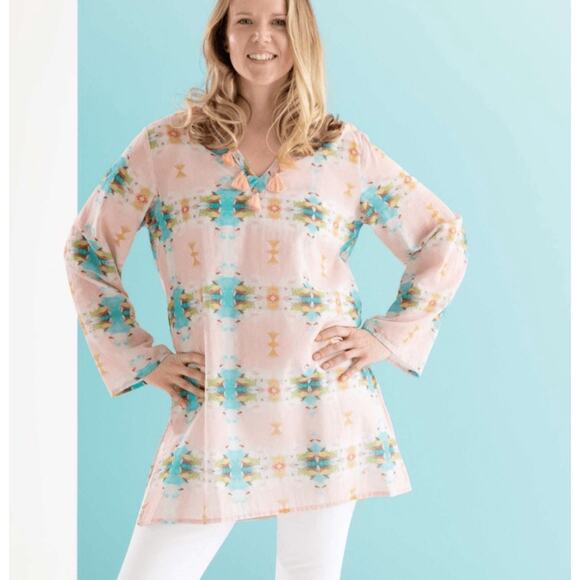 Laura Park Annie Selkie Tunic Top Tassel Detail Pink Ikat Cotton size M/L - Picture 2 of 7